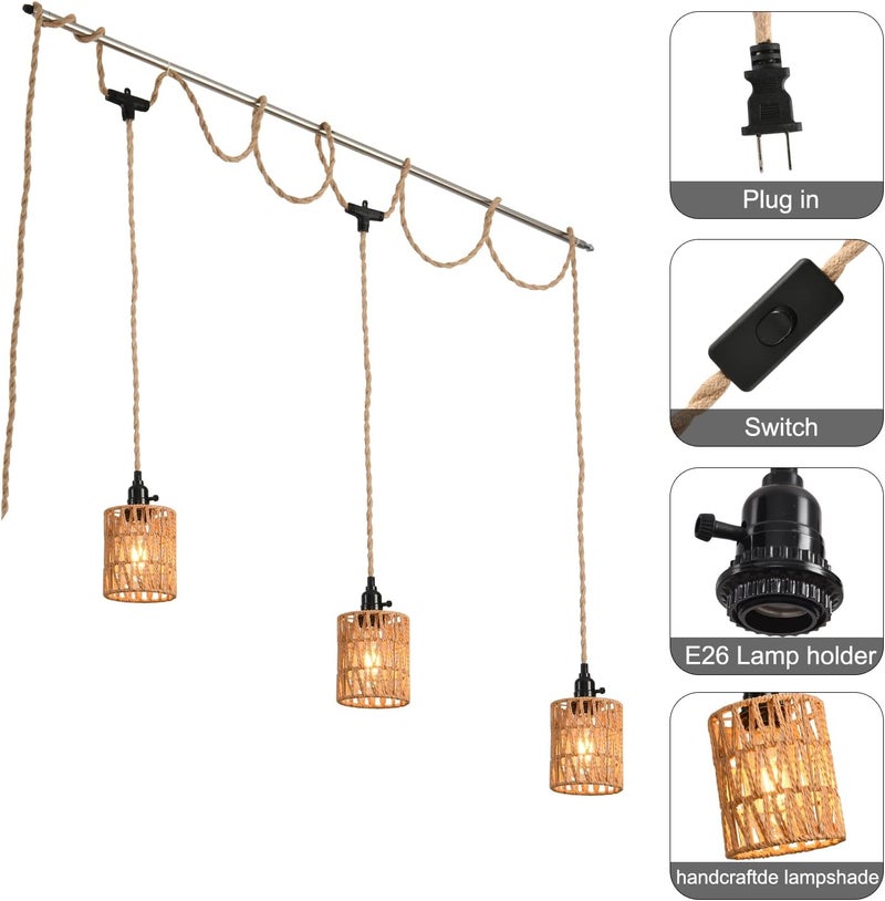 KENMI 3-Light Hanging Light with Plug in Cord,Plug in Pendant Light 22ft Hemp Rope Pendant Lighting Vintage 3-Light Hanging Lamp Fixtures for Kitchen Island Living Room Bedroom - Image 5